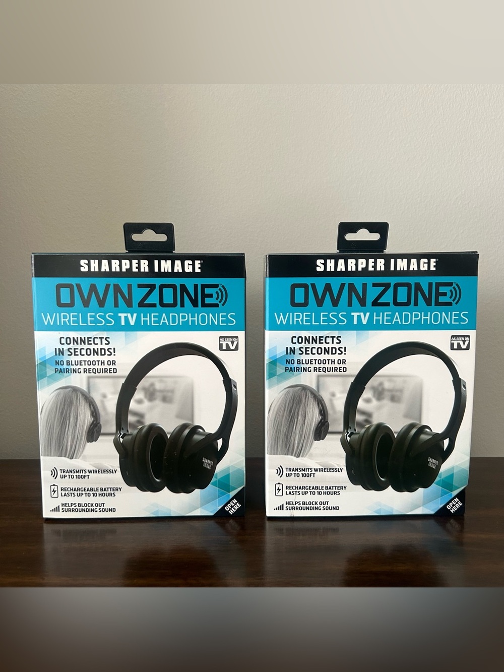 TWO NEW Sharper Image Own Zone Wireless TV Rechargeable Headphones Black Bundle